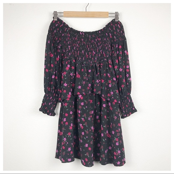 For Love & Lemons Off the Shoulder Black Floral Tiered Dress Size Small - Picture 2 of 9